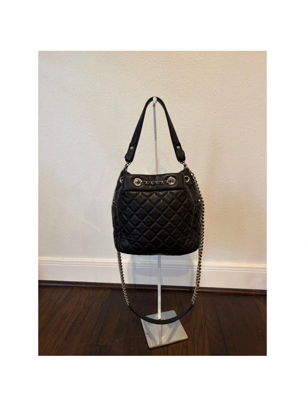 CHANEL Black Quilted Leather Bucket Hobo with Chain Strap